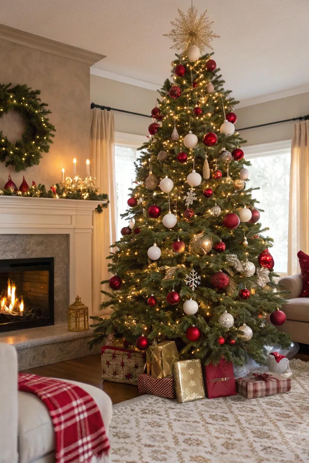 A Christmas tree showcasing classic elegance with red and gold baubles.