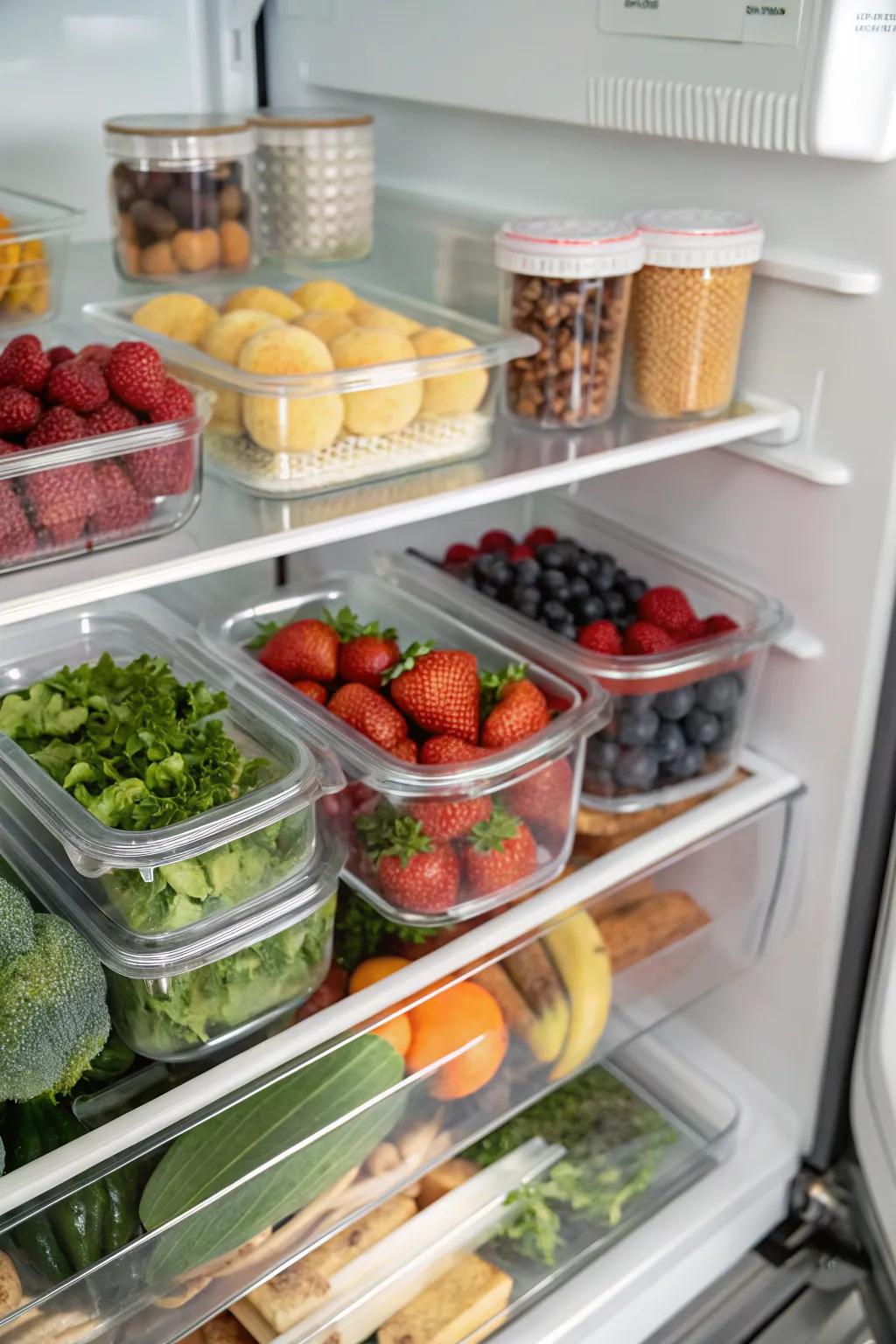 Clear containers make it easy to see what's inside and keep your fridge organized.