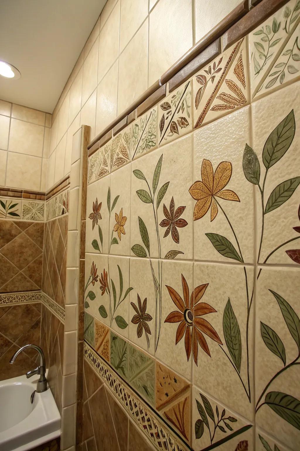 Earthy tones and leaf patterns in relief tiles bring nature indoors.