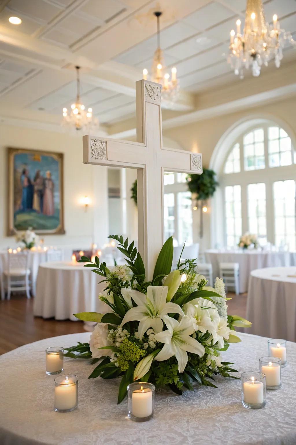 A cross centerpiece surrounded by lilies and candles.