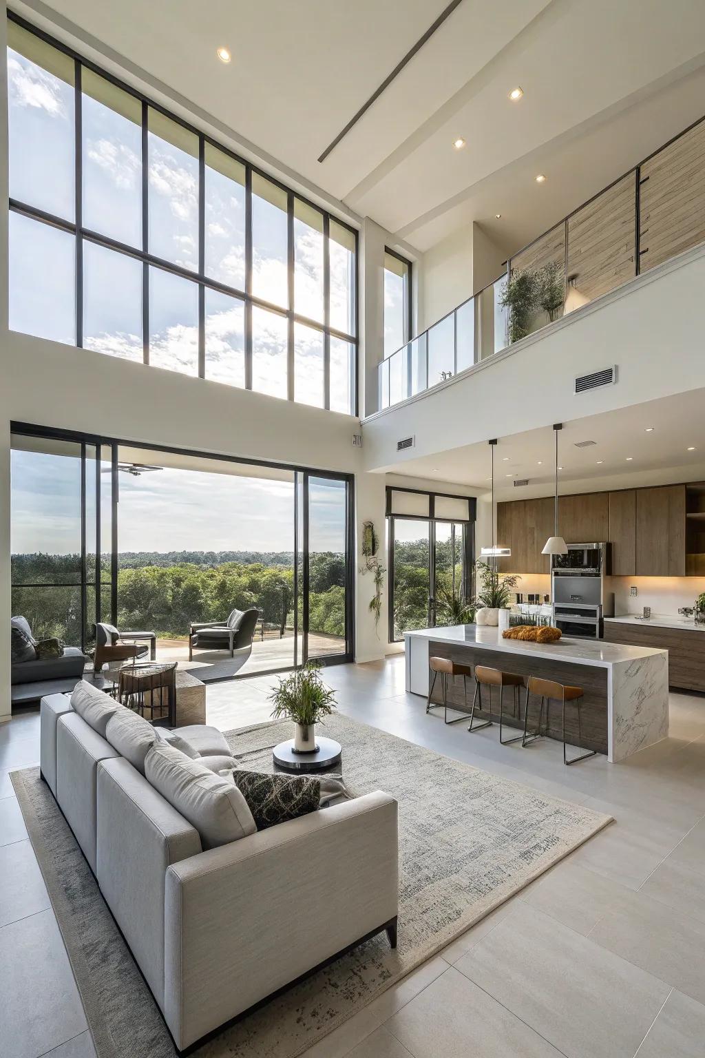 A home with a seamless transition between living and kitchen areas.