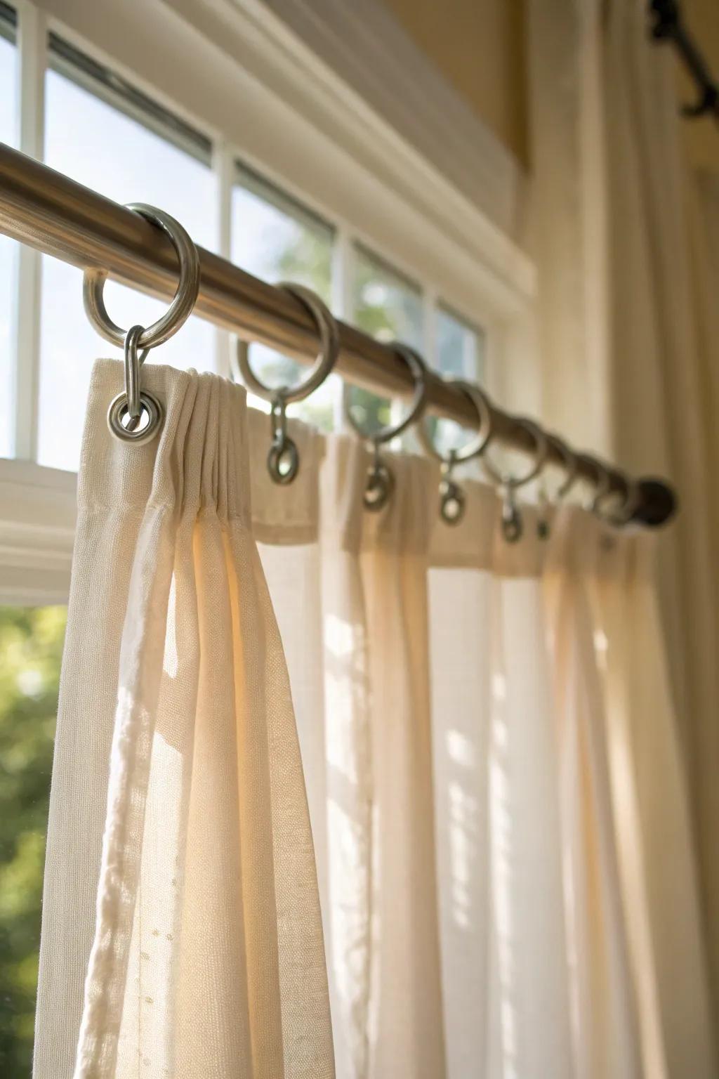 Command hooks elegantly supporting curtains without damaging the walls.