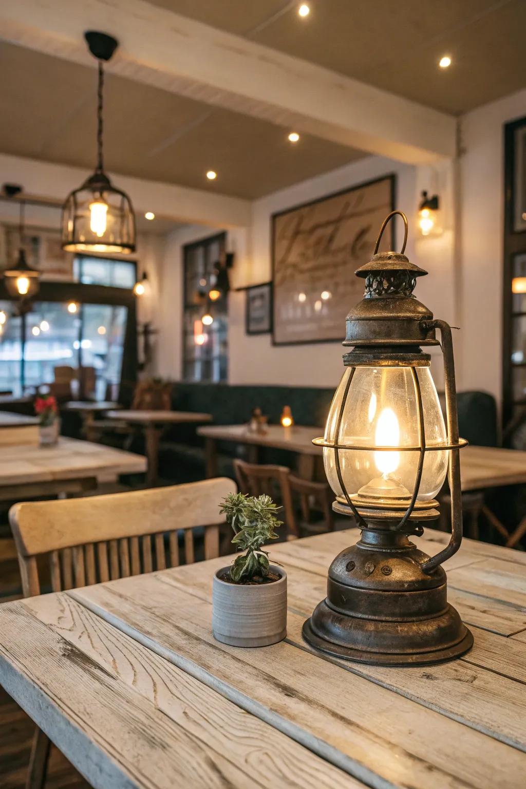 Vintage lantern-style table lamp on a rustic wooden table in a restaurant setting.