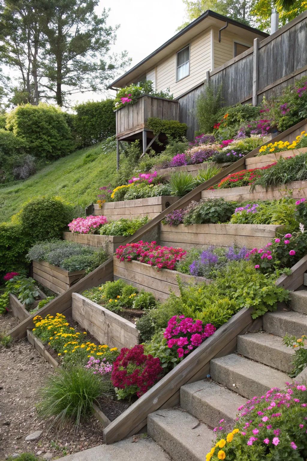 Terraced garden beds transform slopes into lush living tapestries.