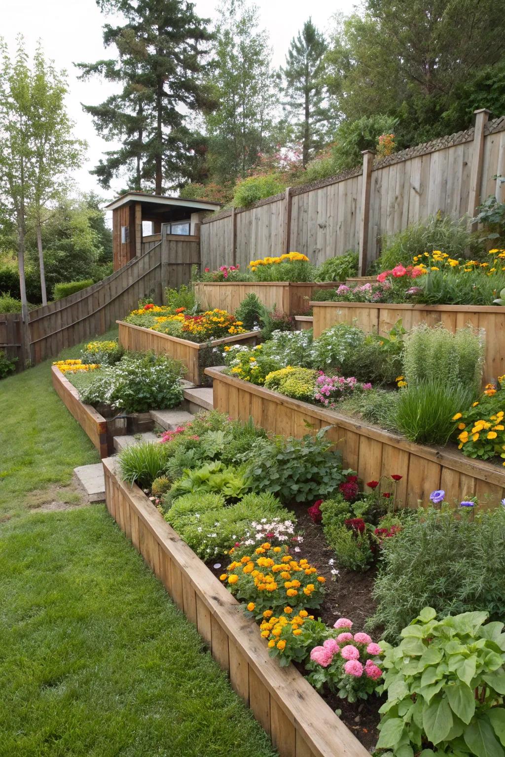 Create a terraced garden with retaining walls for a vibrant, layered look.