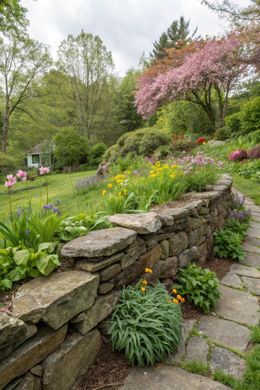 A rustic stone retaining wall adds timeless charm to any garden.