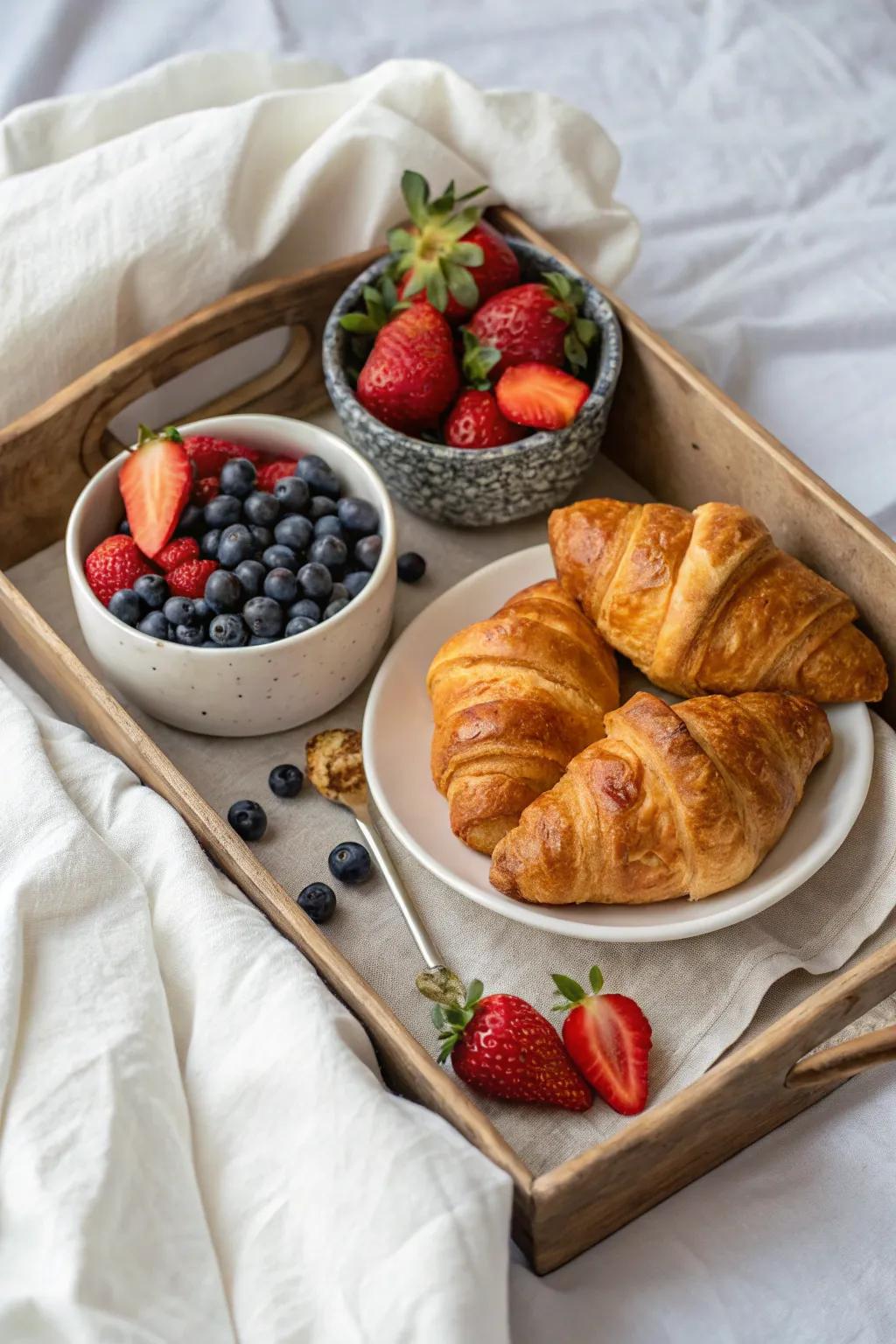 Indulge in the classic delight of croissants with fresh berries to start your day.