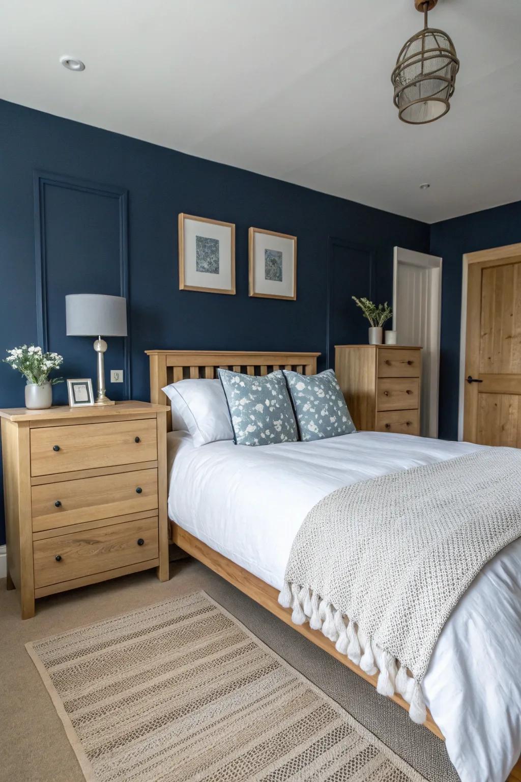 Navy blue walls create a deep, calming backdrop in any bedroom.