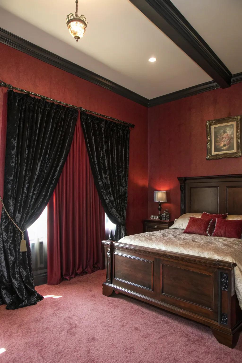 Deep red walls and black velvet curtains create a dramatic Victorian Gothic atmosphere.