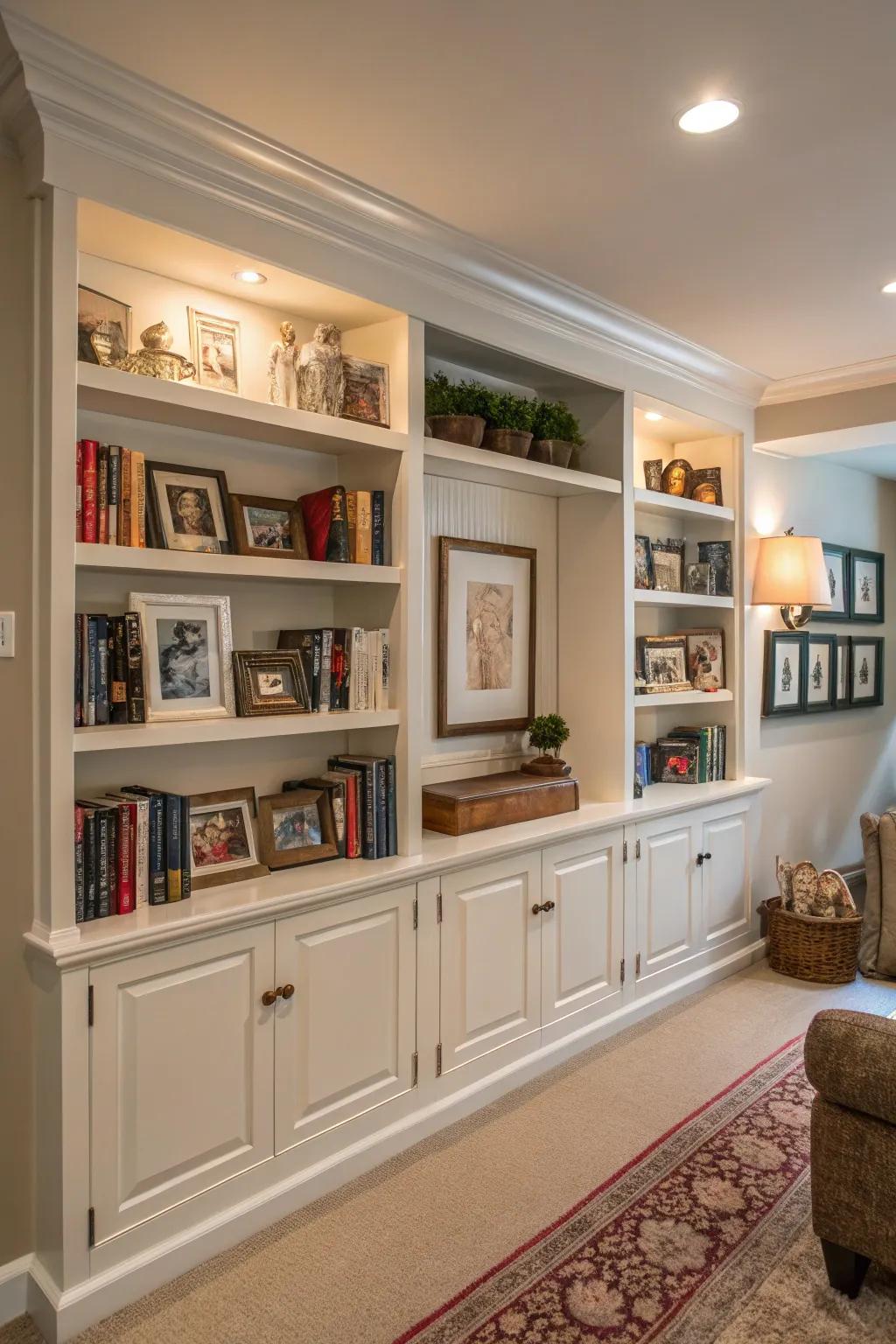 A half wall with built-in shelves filled with books and decor, creating a stylish room divider.