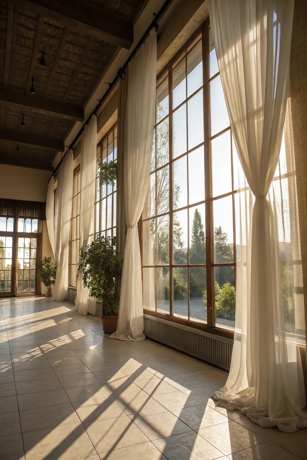 A bright room embracing natural light with large windows and sheer curtains.