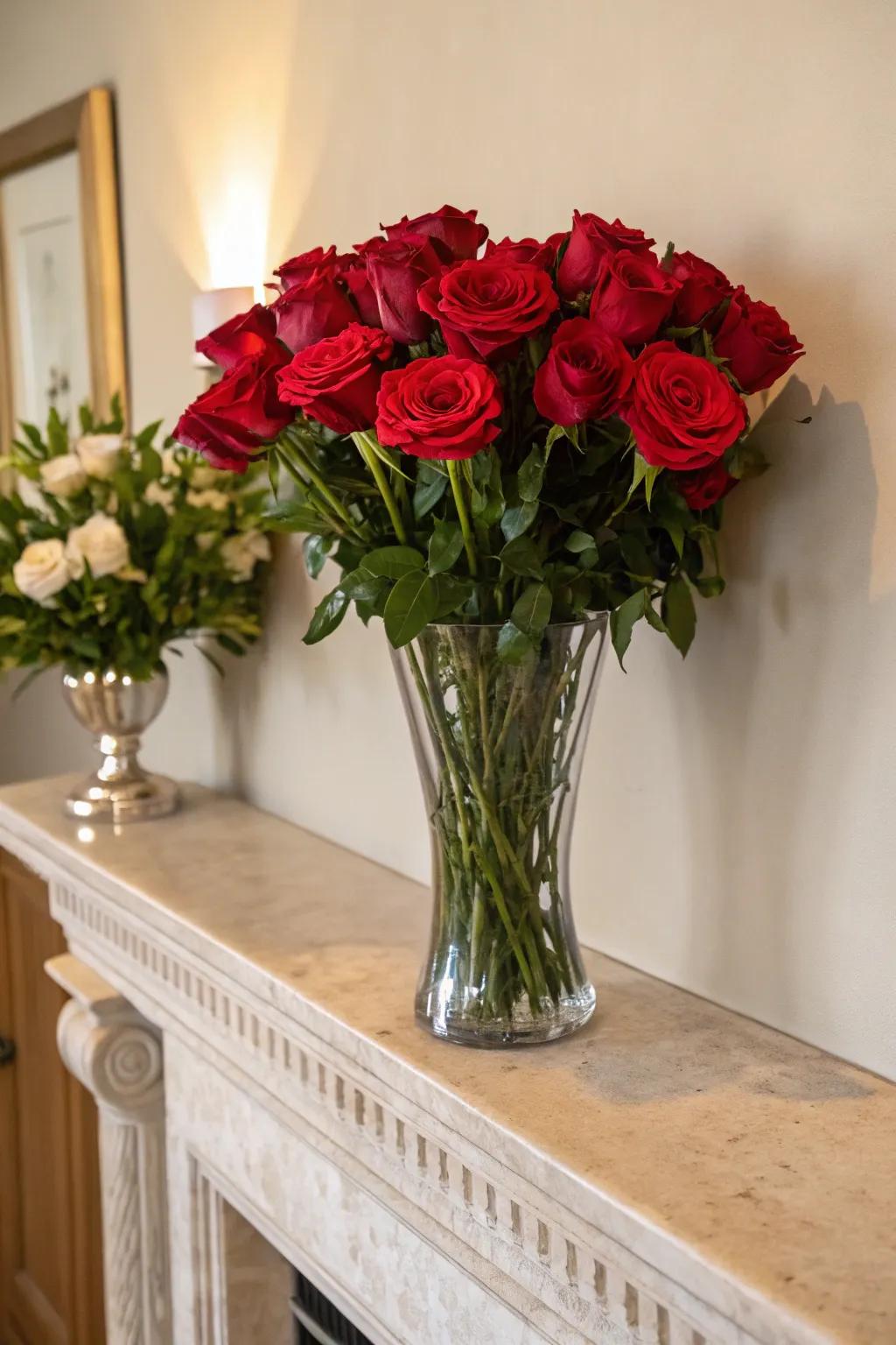 Timeless elegance with red roses in a classic glass vase.