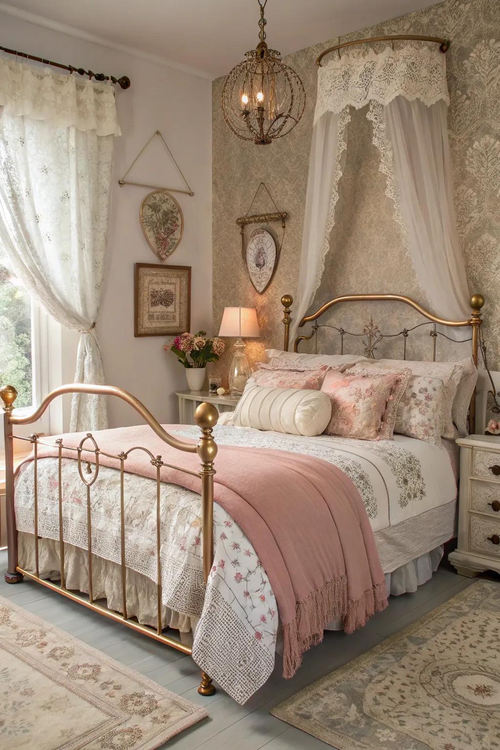 A striking rose gold bed frame that anchors the bedroom with style.