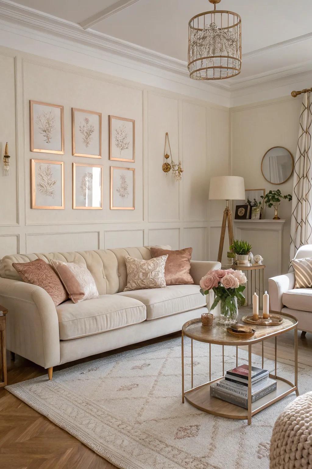 A neutral base in the living room allows rose gold accents to shine.