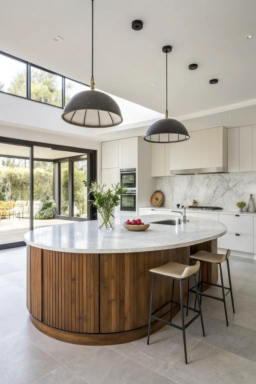 A harmonious fusion of wood and marble in a round kitchen island.