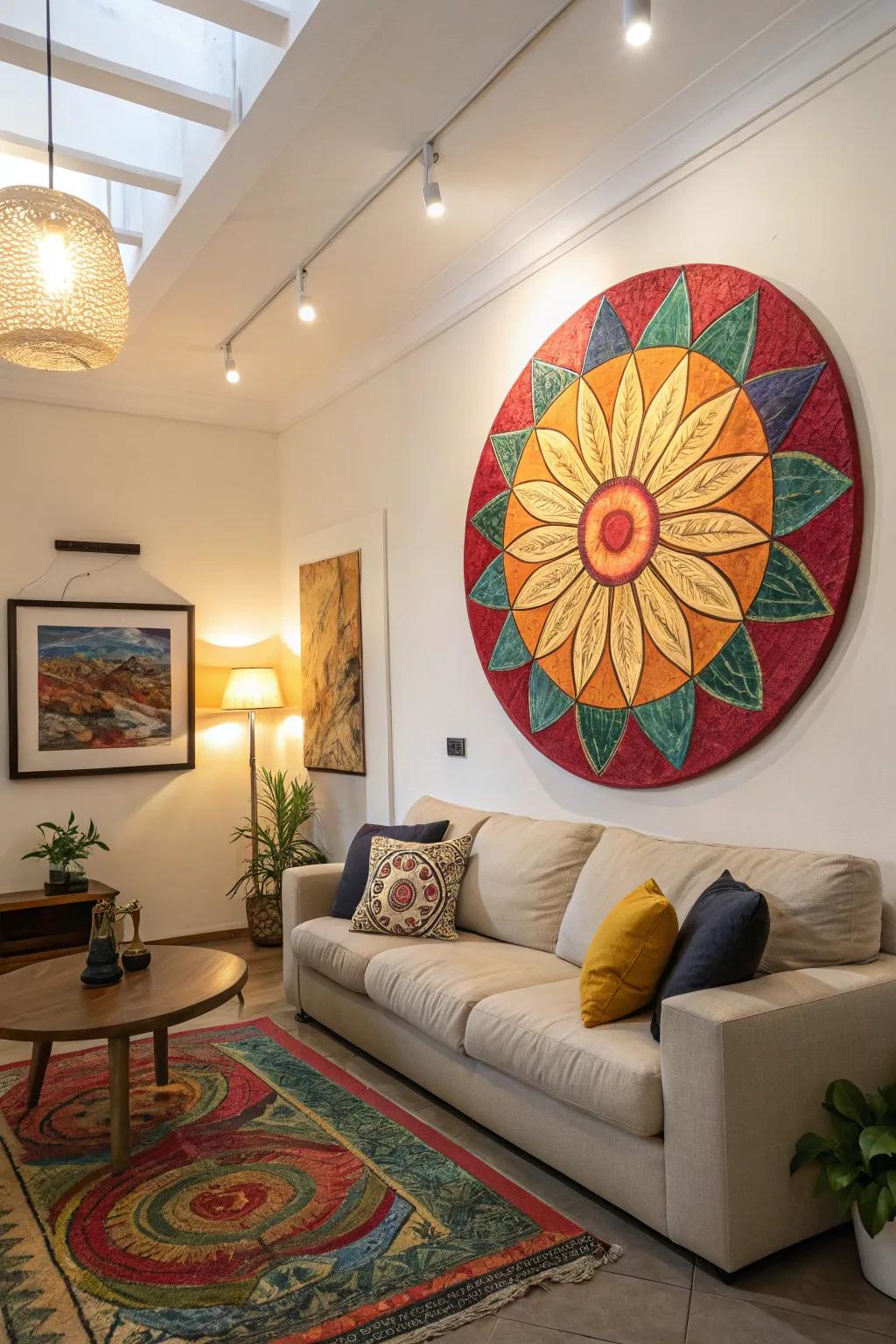 A living room featuring a bold, vibrant circular art piece as the focal point.