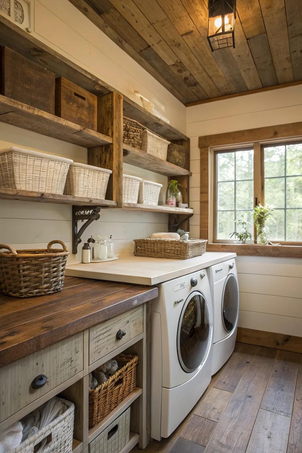 Reclaimed wood countertops and shelves bring warmth and history to the laundry room.