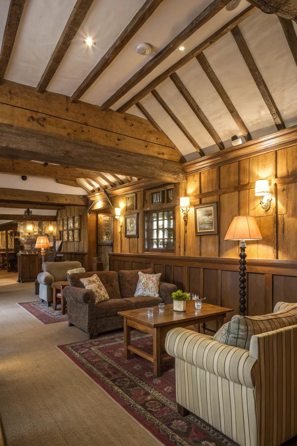 A man cave with exposed wood beams, creating a warm and inviting atmosphere.