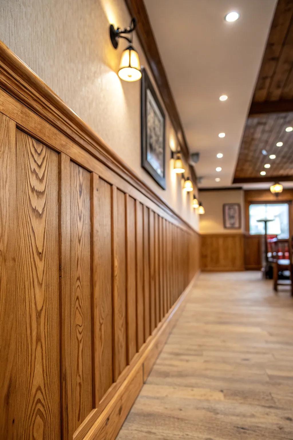 Natural wood wainscoting highlighting the beautiful grains and rustic charm.