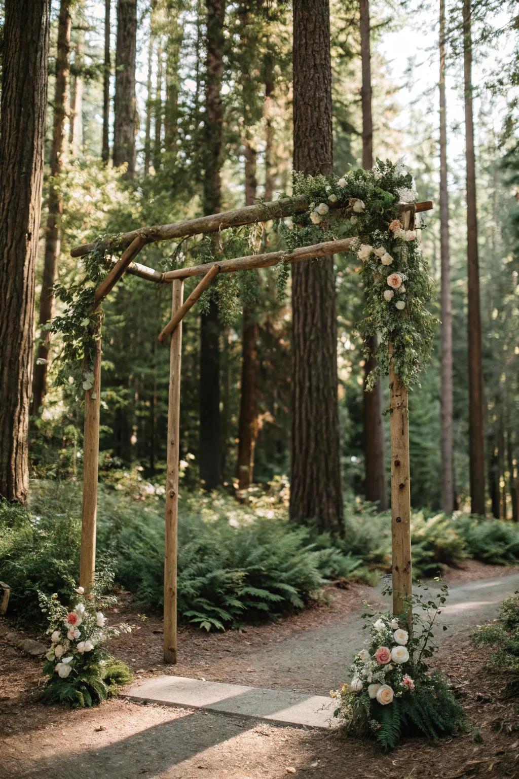 A minimalist wooden arch in the forest, accentuated with lush greenery.