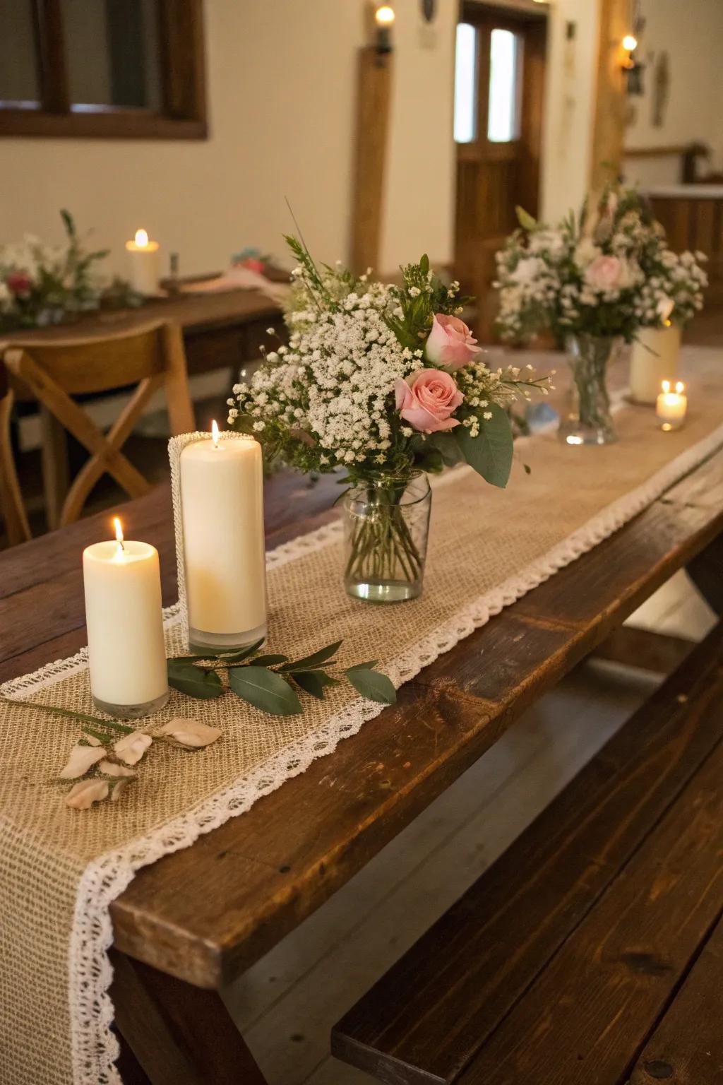 A rustic head table featuring a burlap runner and elegant floral accents.