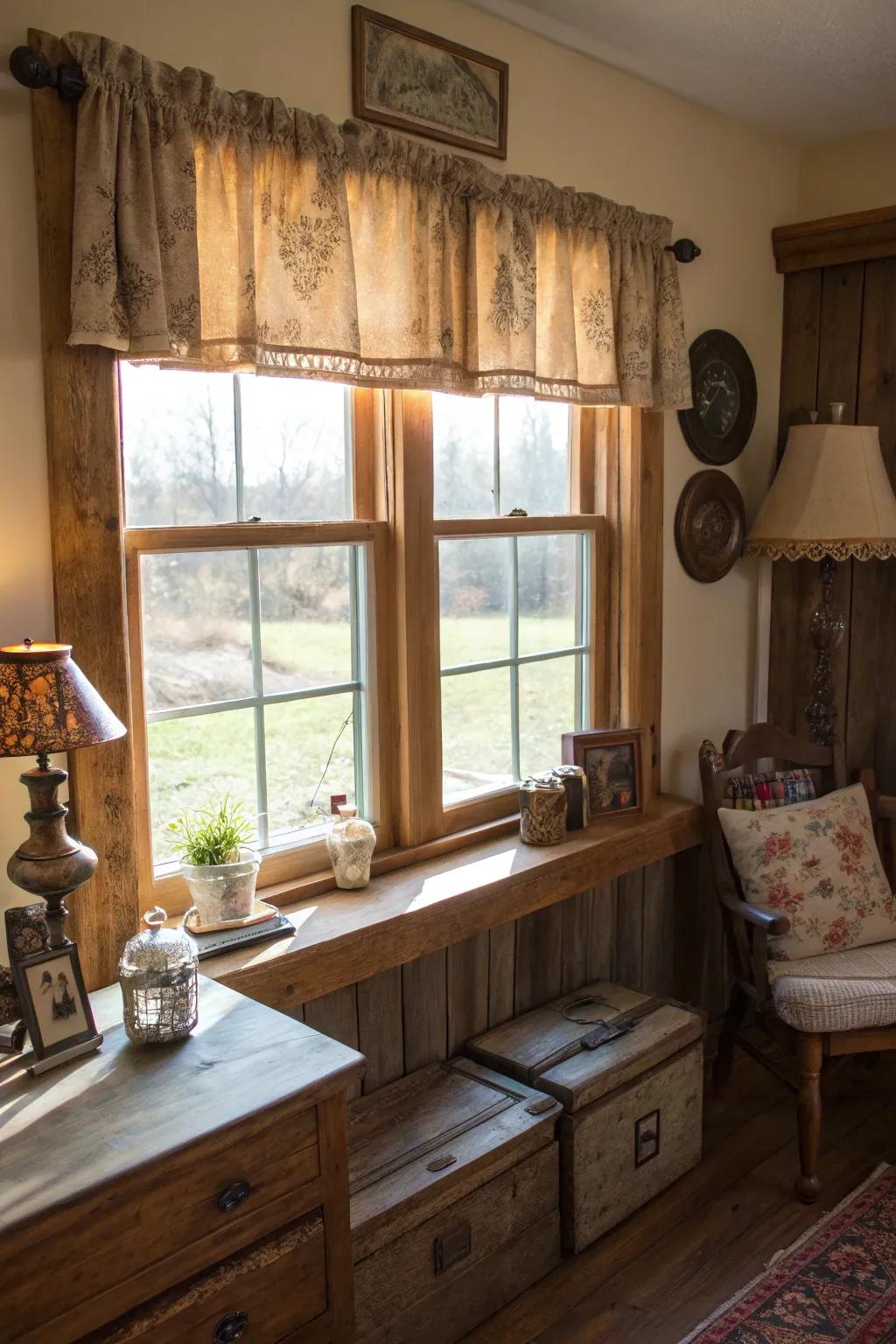 A rustic window valance made from reclaimed barn wood, adding texture and history to a cozy living space.