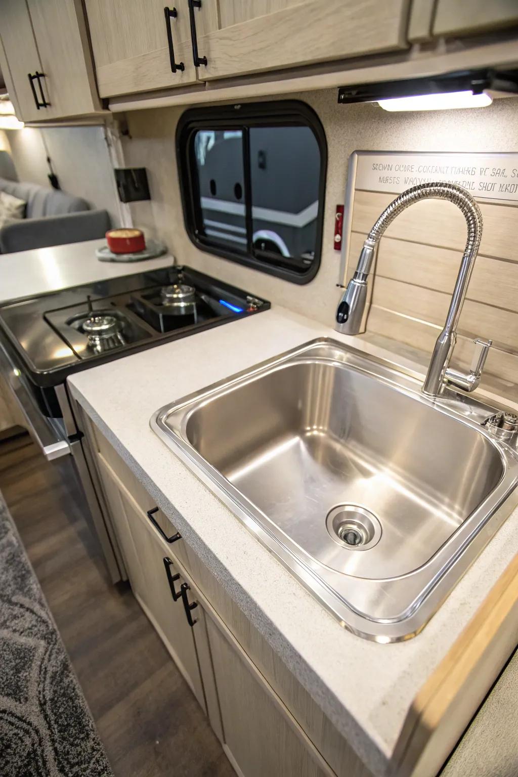 A compact stainless steel sink in an RV kitchen.