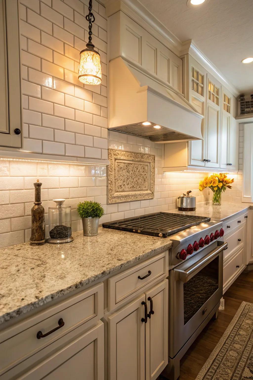 Classic white subway tiles paired with Santa Cecilia granite for a timeless look.