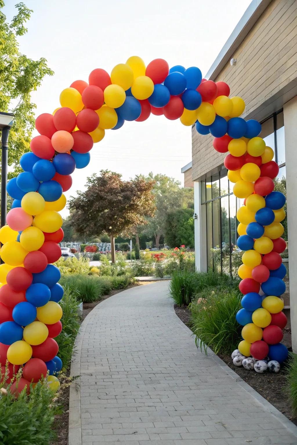 A whimsical balloon arch welcomes guests with vibrant colors.