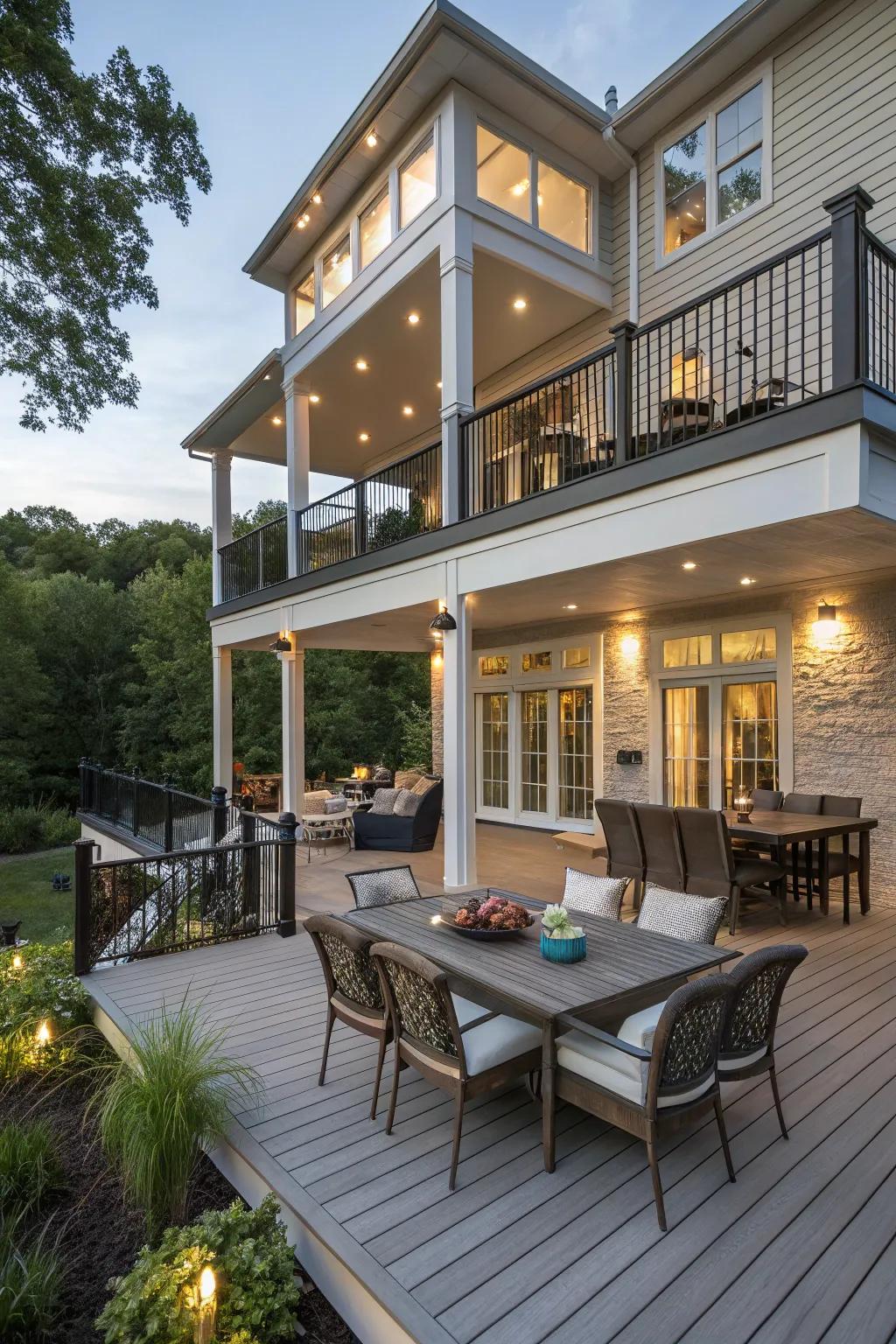 A multi-level deck offering distinct spaces for various activities, enhancing both style and utility.