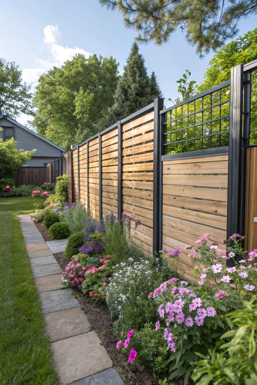 A stylish blend of wood and metal creates a modern semi-private fence in a cozy garden.