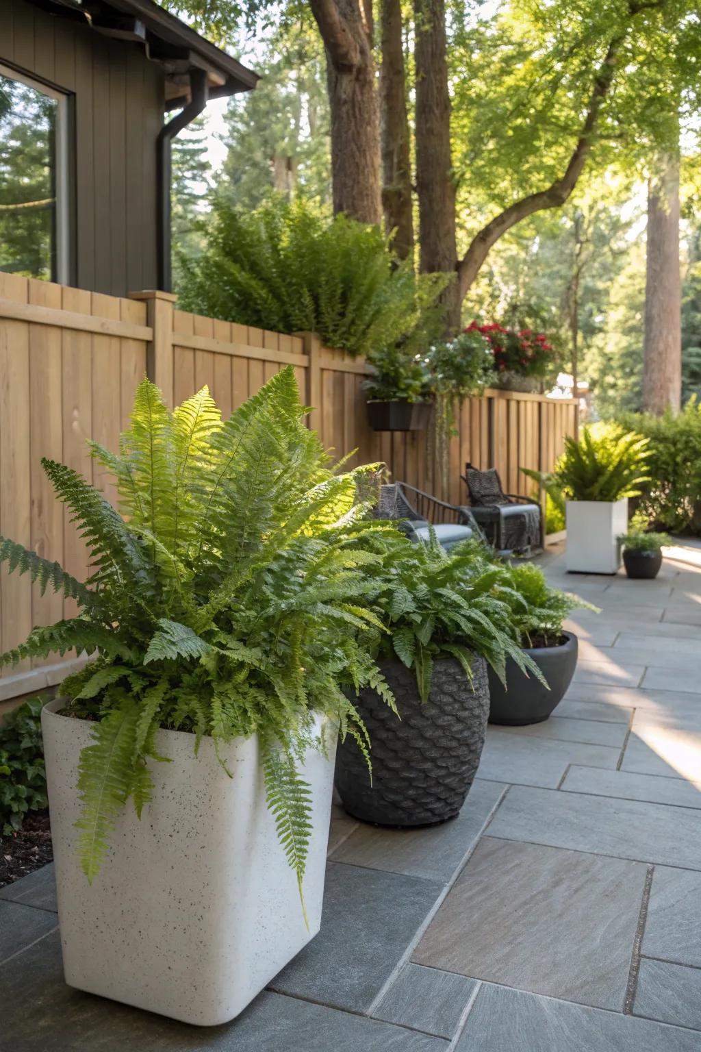 A shaded patio adorned with a variety of lush ferns in decorative planters.