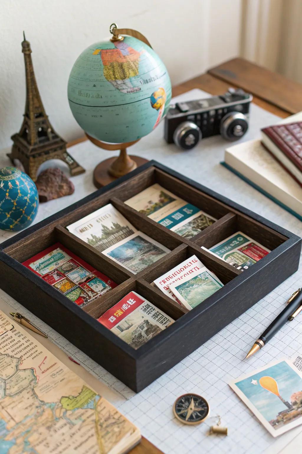 A travel memory shadow box filled with wanderlust treasures.