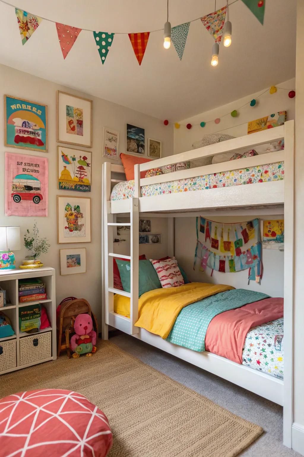 A compact shared bedroom featuring space-saving bunk beds.