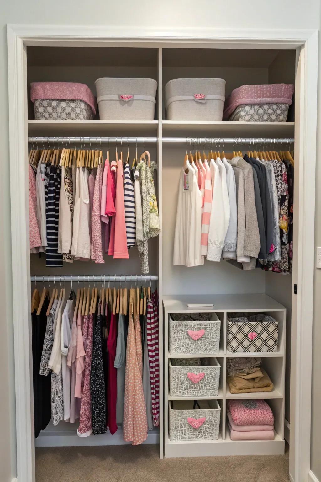 A shared closet with distinctly divided sections for two users.