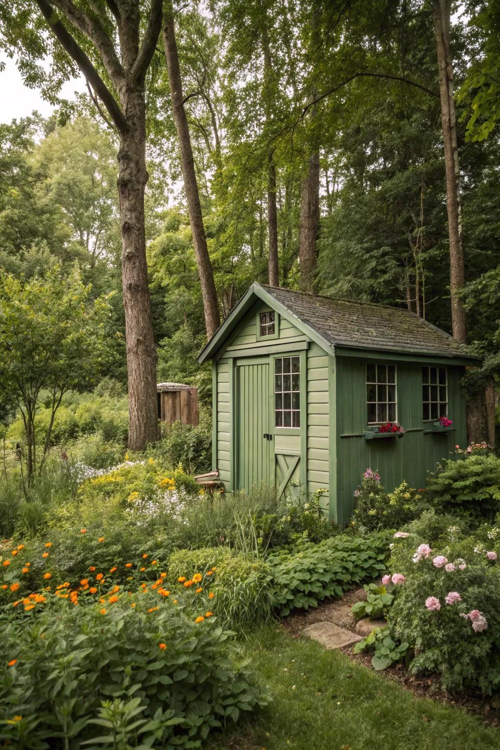 Earthy greens help your shed blend seamlessly with its natural surroundings.