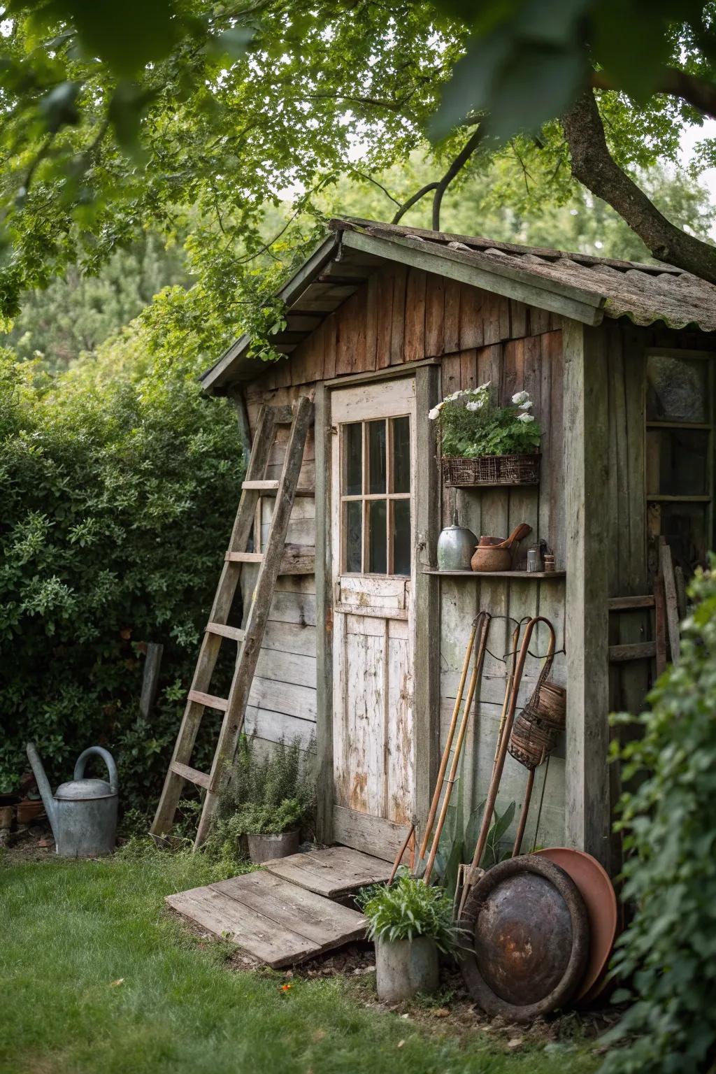 A rustic-themed garden shed with vintage decor elements.