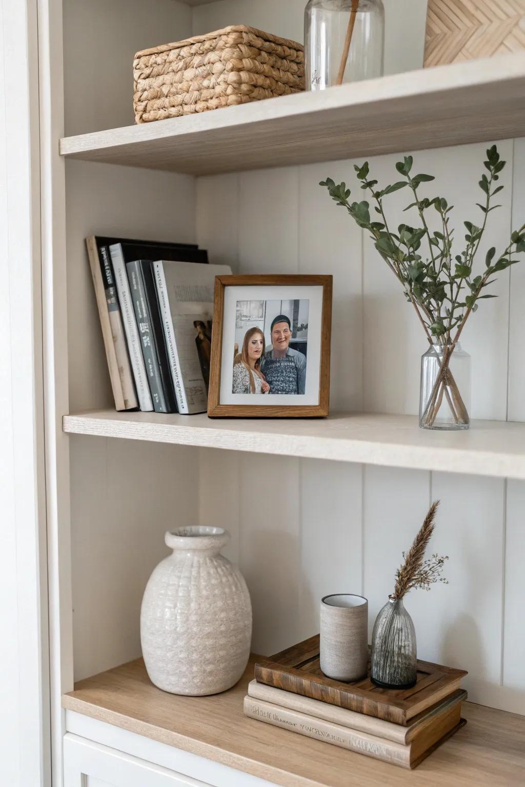 A minimalist shelf featuring select decor pieces in neutral tones.