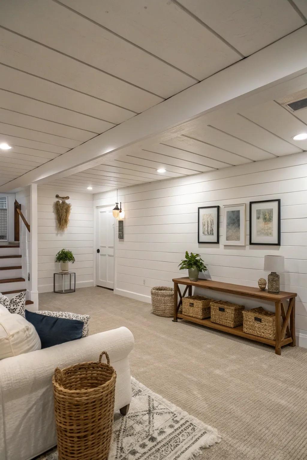 A basement with classic white shiplap walls and minimalistic decor.