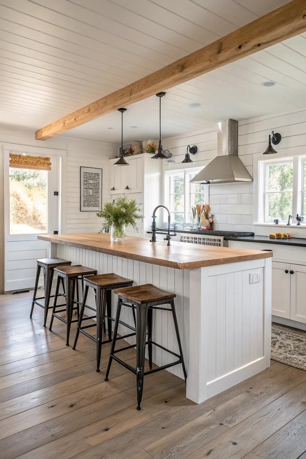 Bright white shiplap island paired with wooden countertops brings a cozy touch.