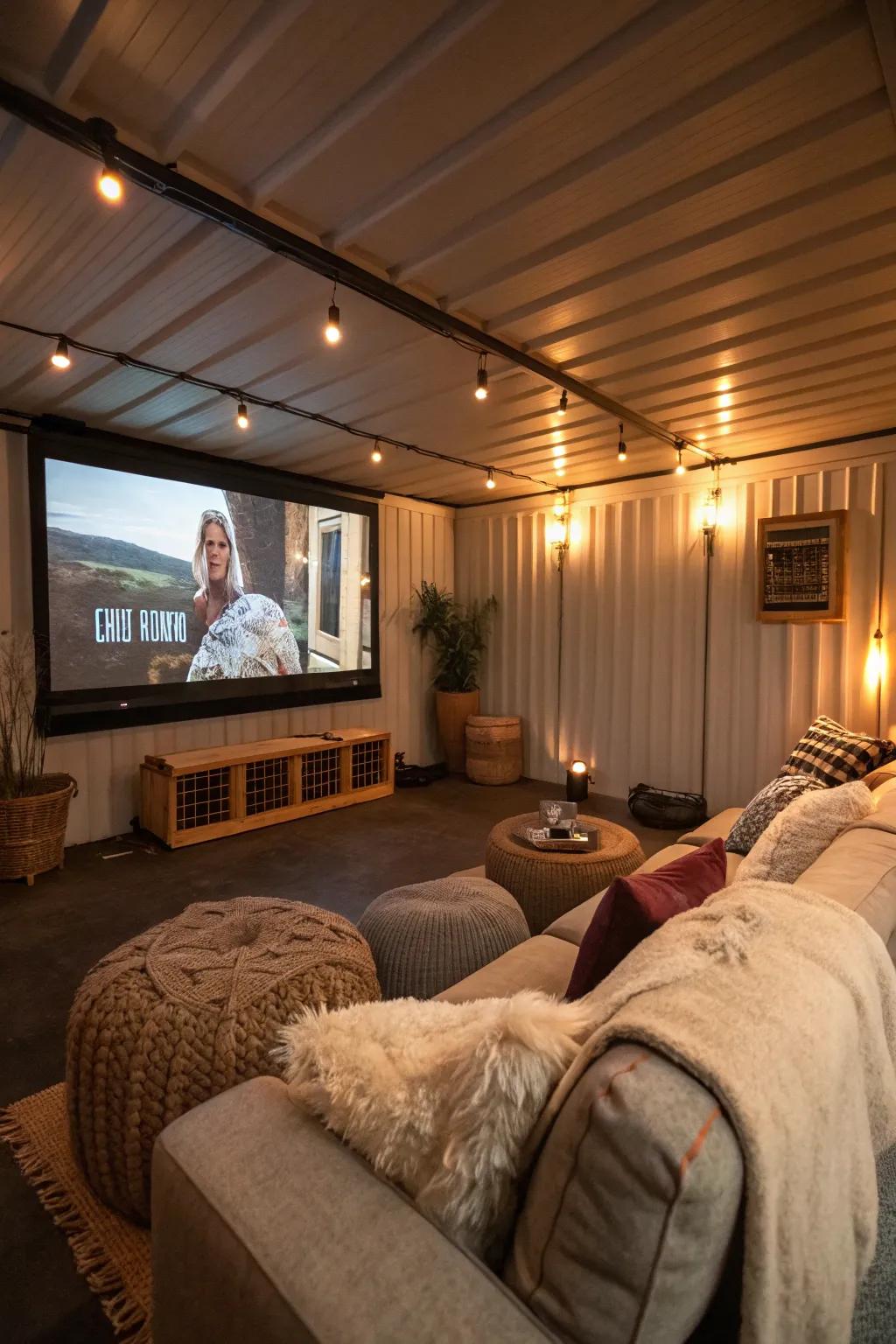 A cozy man cave interior perfect for movie nights.