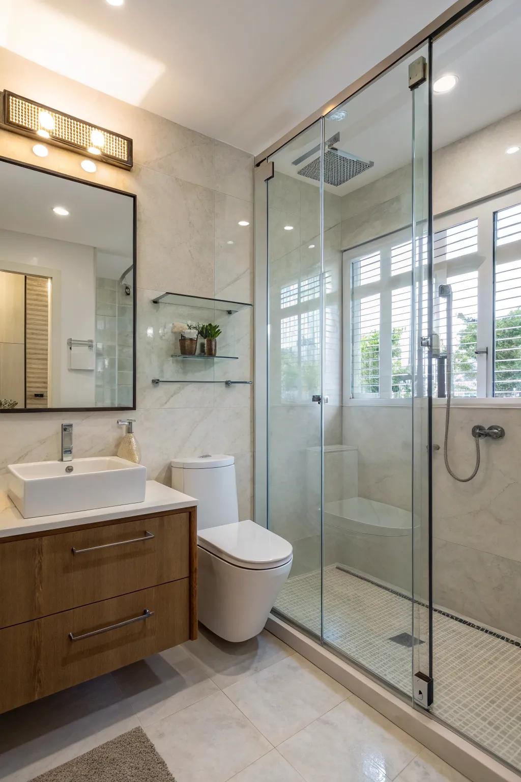 A glass enclosure opens up the space, adding both elegance and functionality.