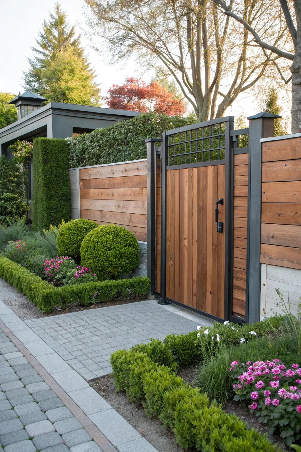 A side gate that beautifully fuses wood and metal for a sleek look.