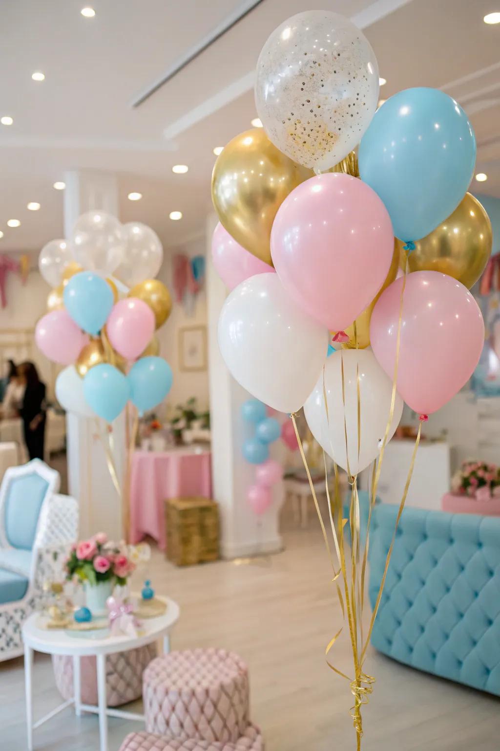 A room adorned with colorful balloons, perfect for a baby's welcome.