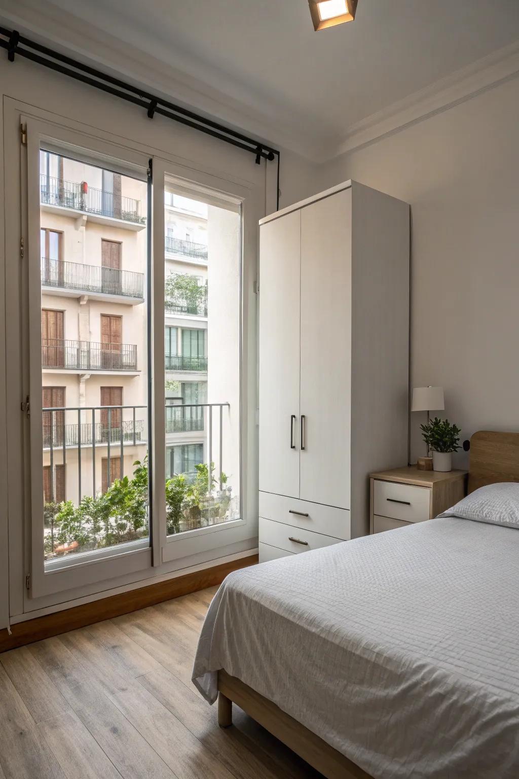 Minimalist bedroom design opening up to a serene balcony.