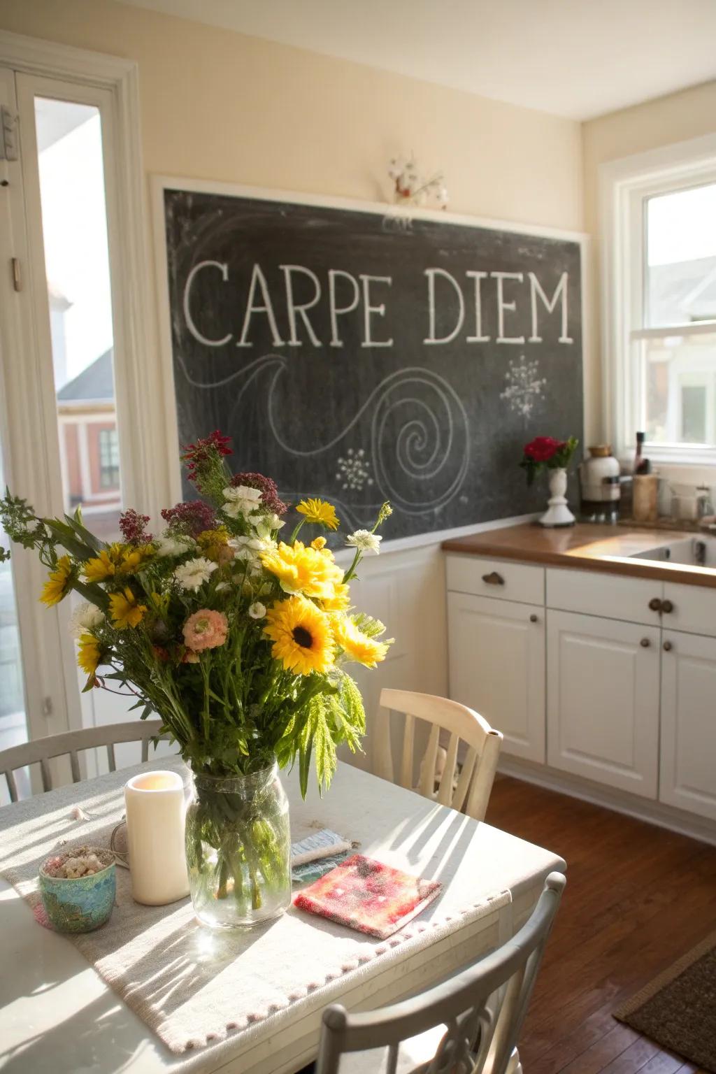 A kitchen chalkboard wall featuring the quote 'Carpe Diem'.