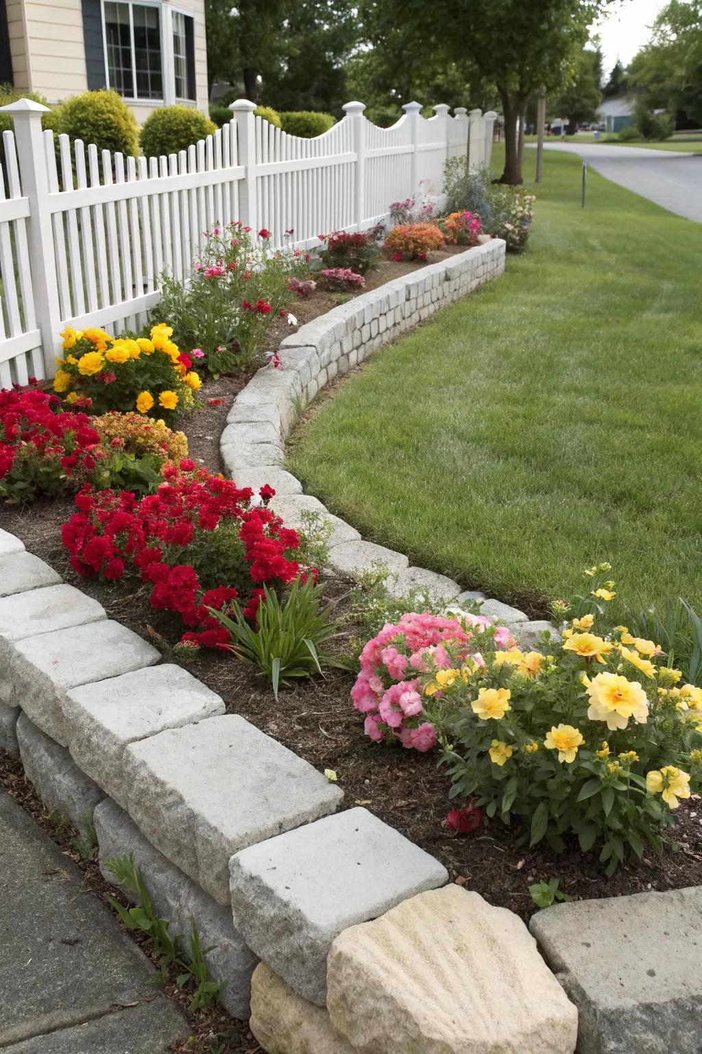 Neat edging with stones creates a tidy flower bed.