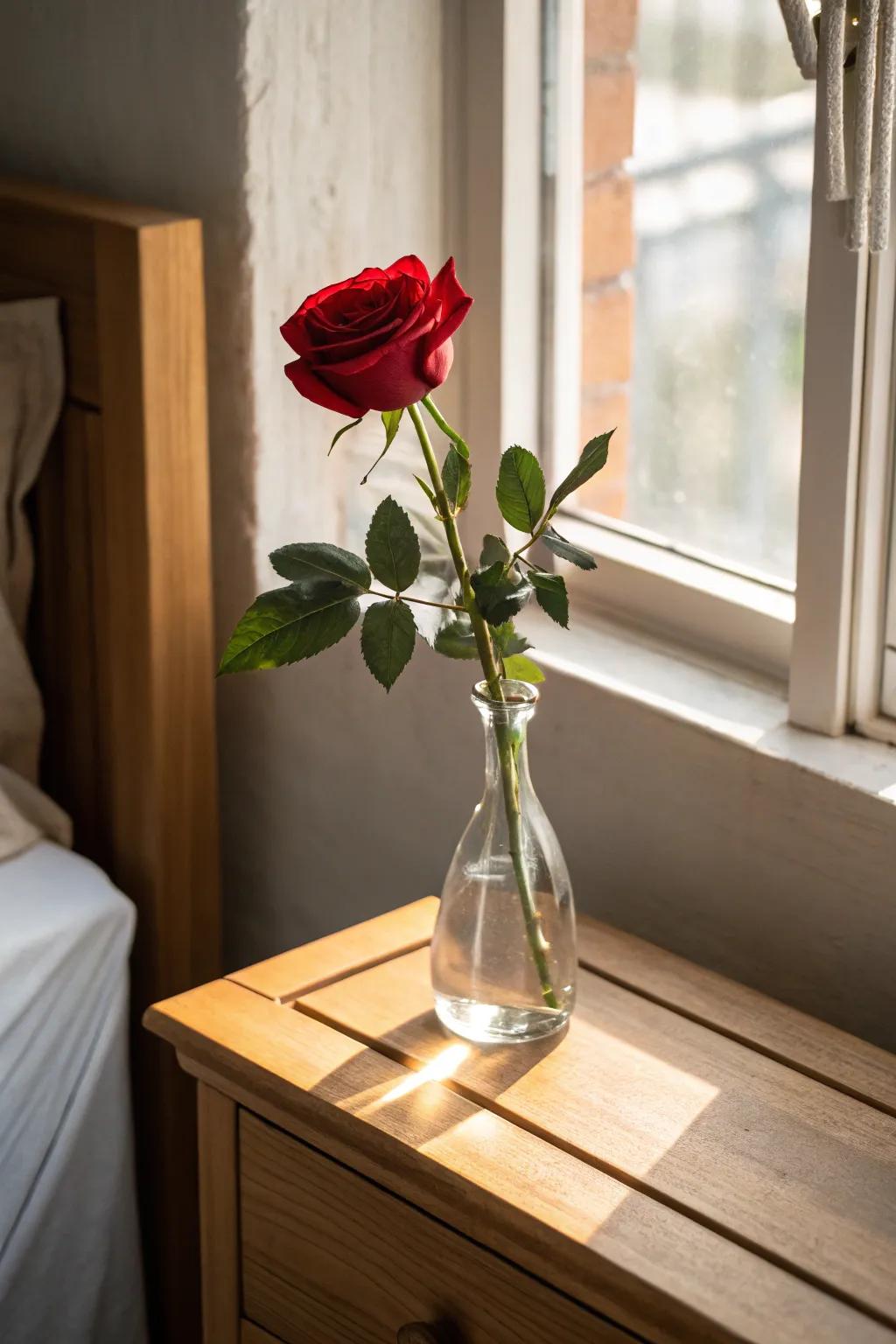 A single red rose in a vase, epitomizing minimalist elegance.