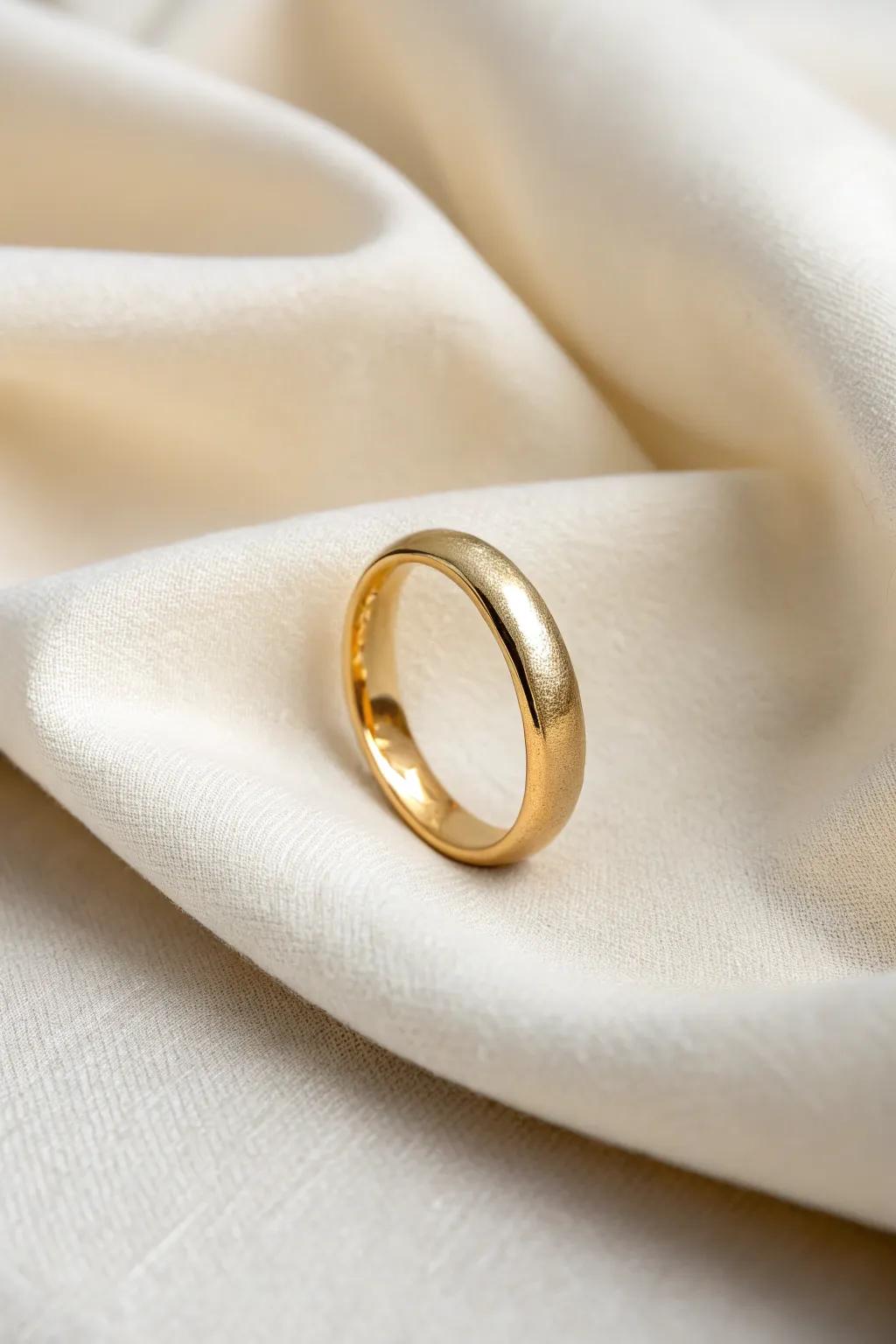 A sleek and timeless minimalist gold band resting elegantly on a soft fabric.