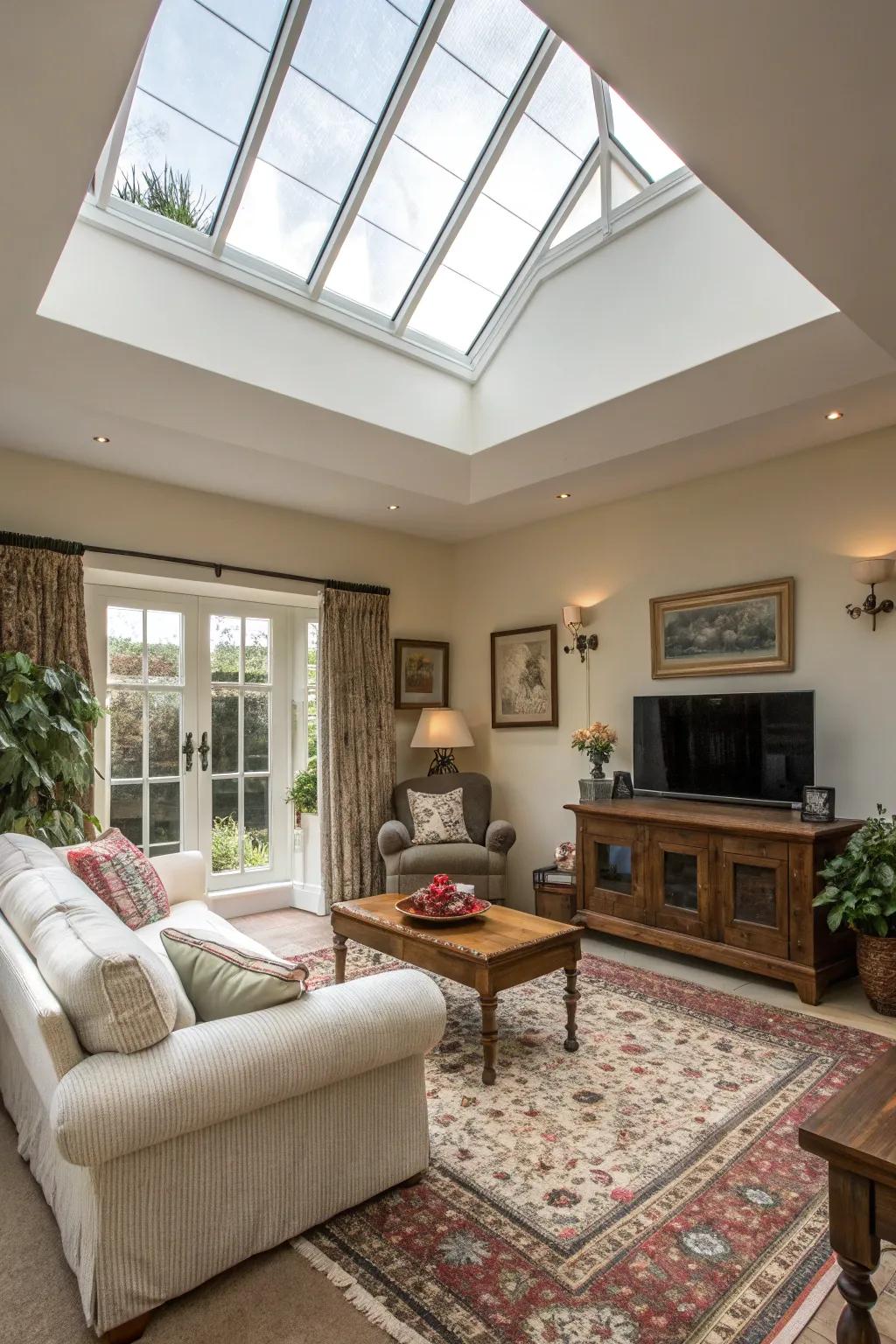 A cozy living room illuminated by a spacious skylight.